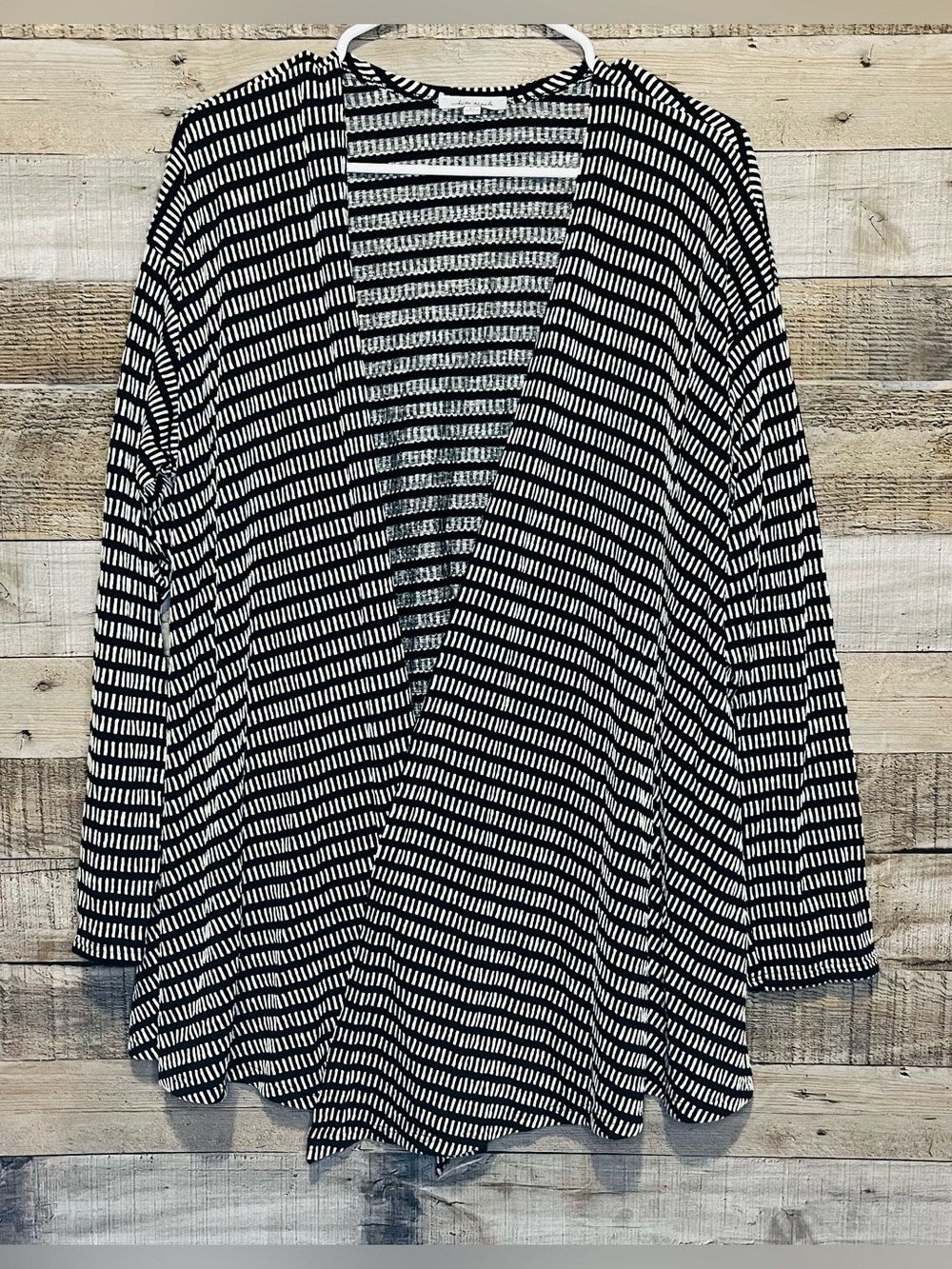 White Birch Ladies Oversized Draped Cardigan….Black and white dash-striped textu